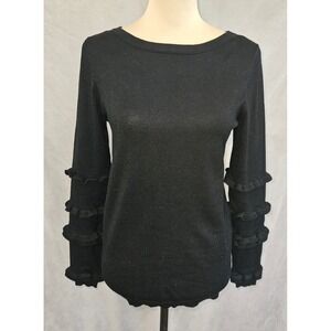 NY Collection Ruffle Sleeve Sweater Womens S Black Tiered Frill Ribbed Pullover